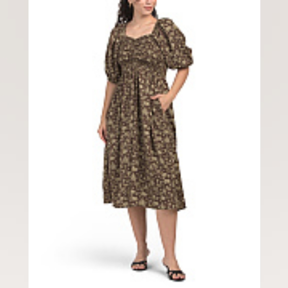 NWT - Polagram Brown Floral Smocked Bodice Sweetheart Neck Midi Dress - L